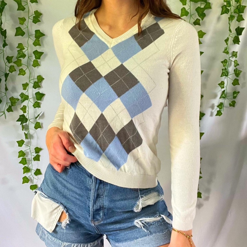 Cream, gray, and blue argyle sweater